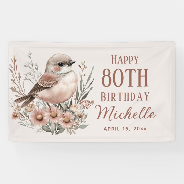 Brown Bird 80th Happy Birthday Banner (Horizontal)