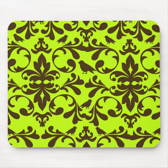 brown bird and lime green damask pattern mouse pad (Front)