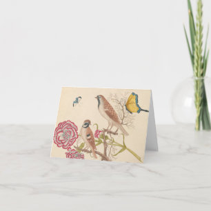 Brown birds with carnations and butterflies note card