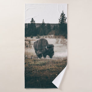 BROWN BISON ON BROWN GRASS FIELD DURING DAYTIME BATH TOWEL