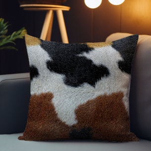 Brown black and white cowhide texture throw pillow