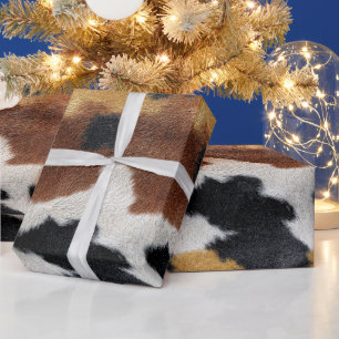 Brown black and white cowhide texture throw pillow wrapping paper