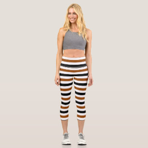 Brown Black and white stripes design Capri Leggings