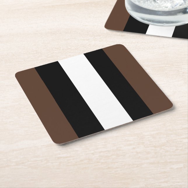 Brown, black and white stripes  square paper coaster (Angled)