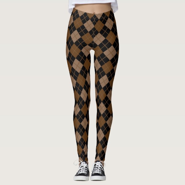 Brown Black Argyle Harlequin Diamond Trendy Leggings (Front)