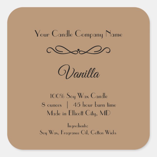 Brown Black Candle Label Flourish Swirl Minimalist (Front)