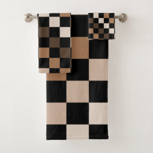 Brown Black Chequered Gingham Pattern Bath Towel Set
