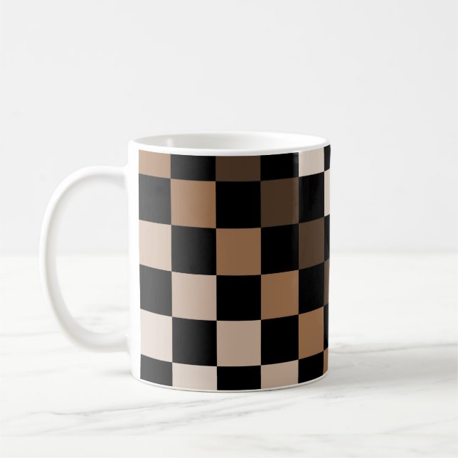 Brown Black Chequered Gingham Pattern Coffee Mug (Left)