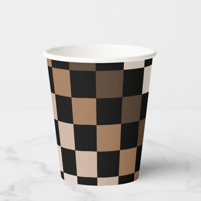 Brown Black Chequered Gingham Pattern Paper Cups (Front)