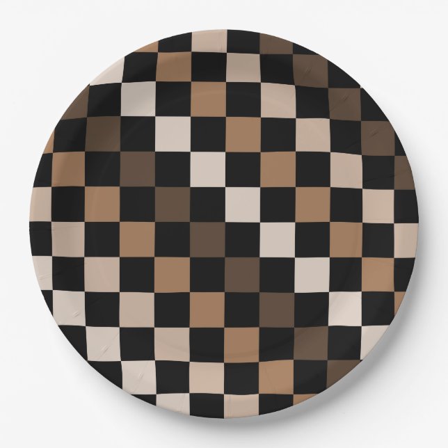 Brown Black Chequered Gingham Pattern Paper Plate (Front)