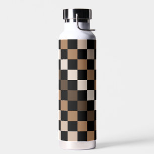 Brown Black Chequered Gingham Pattern Water Bottle
