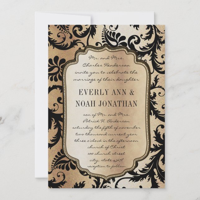 Brown Black Damask Ice Metallic Faire-part de mari (Devant)