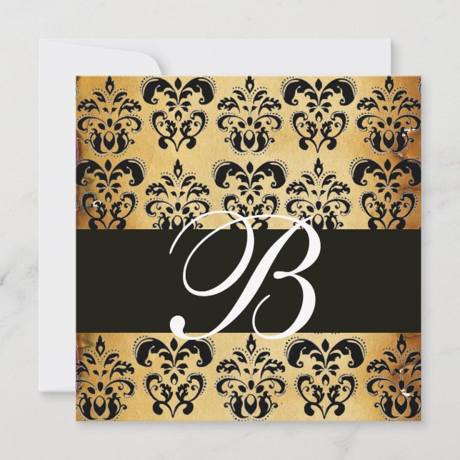BROWN   BLACK  DAMASK  PARCHMENT MONOGRAM , white Invitation (Front)