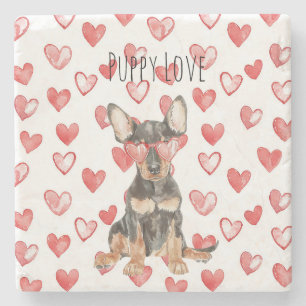 Brown Black Doberman Pinscher Red Heart Glasses Stone Coaster