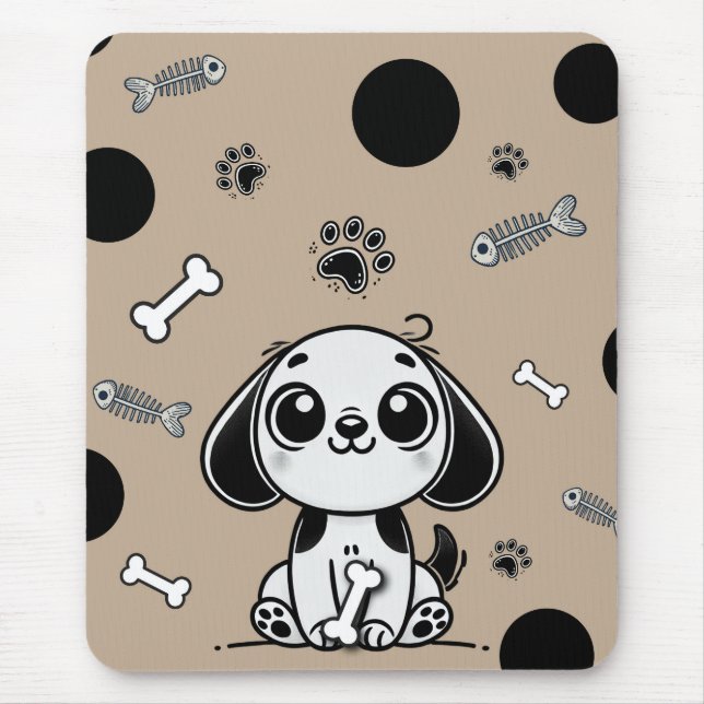 Brown & Black Fish Bones Puppy Dog Cute Office Mouse Pad (Front)