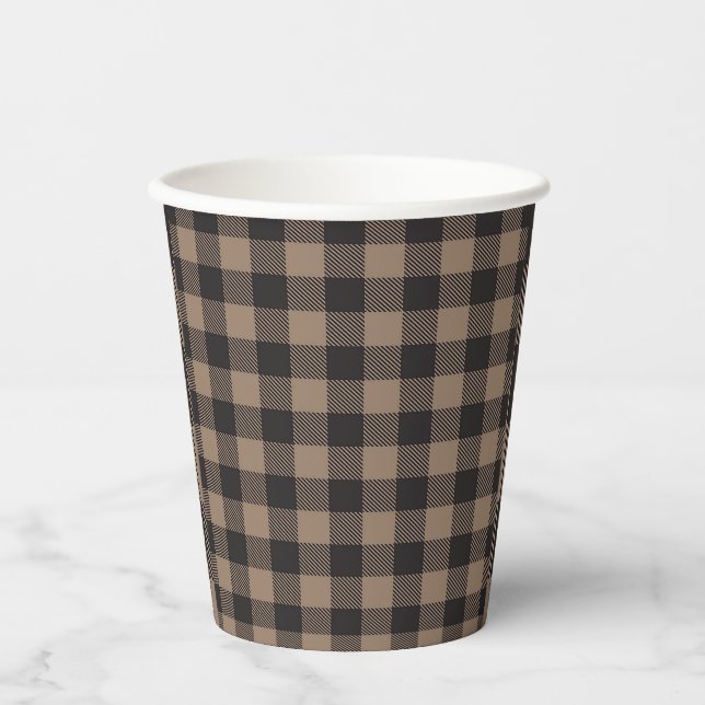 Brown Black Gingham Buffalo Plaid Farmhouse Paper Cups (Front)