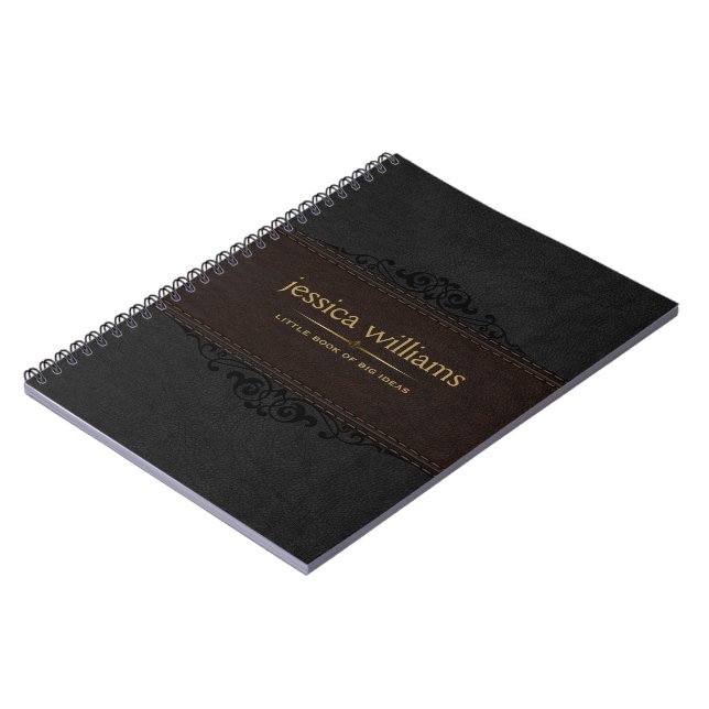 Brown & Black Leather Black Floral Element Noteboo Notebook (Left Side)