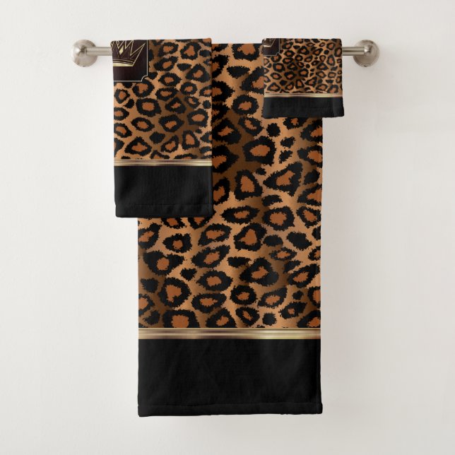  Brown & Black Leopard Pattern with a Crown  Bath Towel Set (Insitu)
