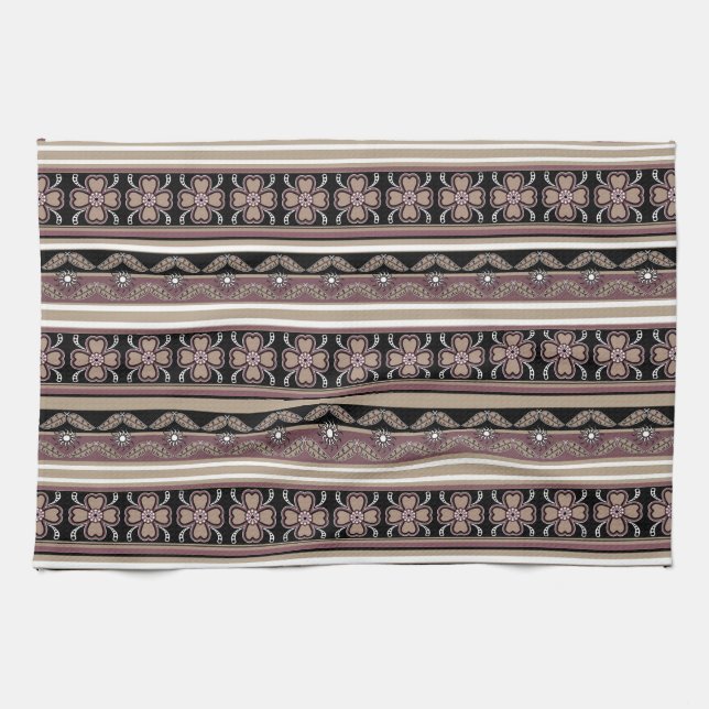 Brown black mexican ornament stripes kitchen towel (Horizontal)