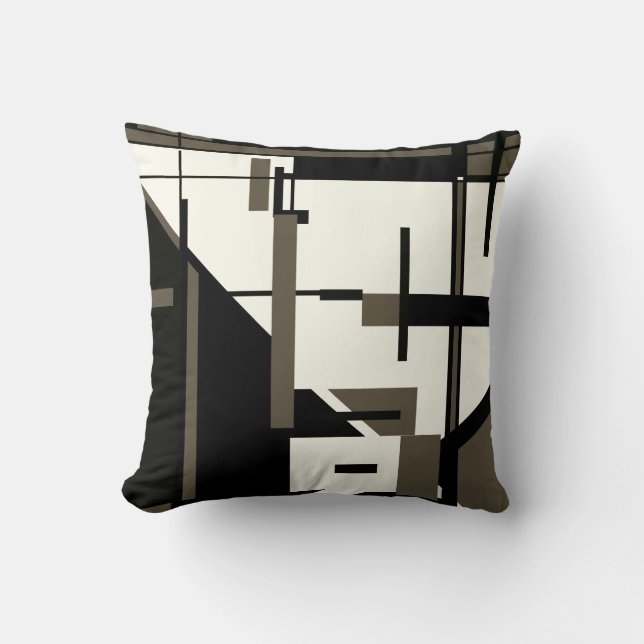 Brown Black on White Geometric Abstract Design Throw Pillow (Front)