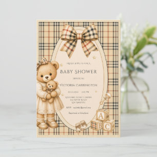 Brown Black Plaid Teddy Bear Baby Shower Invitation