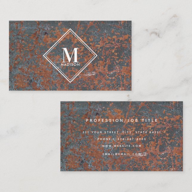 Brown Black Rust Metallic Texture Monogram Initial Business Card (Front/Back)
