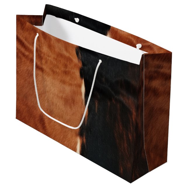Brown Black Southwest Faux Cowhide Large Gift Bag (Front Angled)