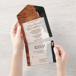 Brown Black Southwest Faux Cowhide Wedding All In One Invitation