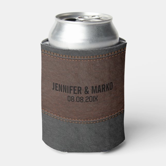 Brown & Black Stitched Vintage Leather Can Cooler (Can Front)