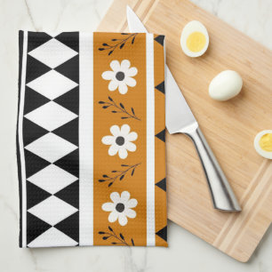 Brown Black Stripe Tropical Floral Botanical  Kitchen Towel