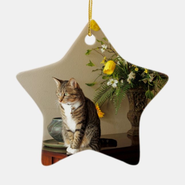 Brown black Tabby cat Sitting on piano flowers Ceramic Ornament (Front)