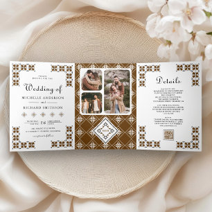 Brown Black Ukrainian Embroidery QR Code Wedding Tri-Fold Invitation