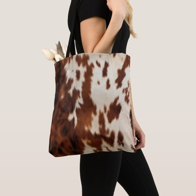 Brown Black White Cowhide Tote Bag (Close Up)