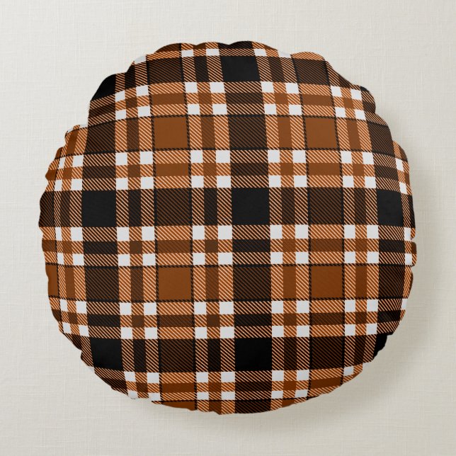 Brown Black White Flannel Tartan Pattern Design  Round Pillow (Front)