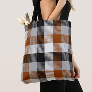 Brown Black White Twill Gingham Design Tote Bag
