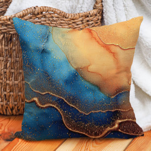 Brown Blue Abstract Alcohol Ink Artistic Throw Pillow