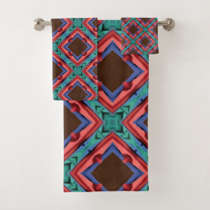 Brown Blue and Red Diamonds w/Green Bath Towel Set