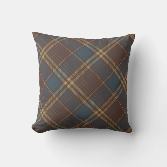 Brown Blue Argyle Plaid Rustic Pattern Throw Pillow (Front)