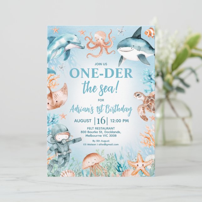Brown Blue Boys Oneder the Sea 1st Birthday Invitation (Standing Front)