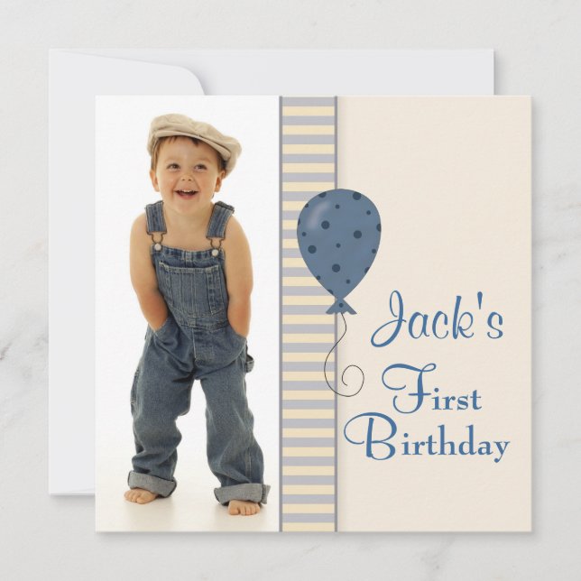 Brown Blue Boys Photo Birthday Party Invitation (Front)