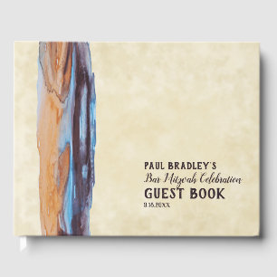 Brown, Blue, Caramel Brush Stroke Bar Mitzvah Guest Book