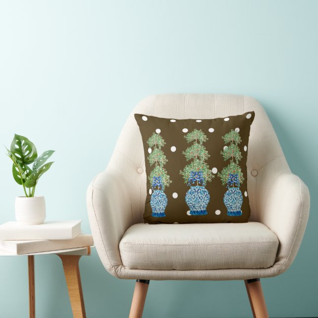 Brown Blue Chinoiserie Orange Topiary   Throw Pillow (Chair)
