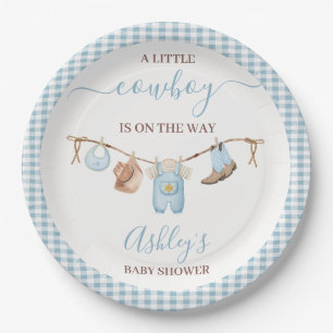 Brown Blue Cothesline Cowboy Baby Shower  Paper Plate