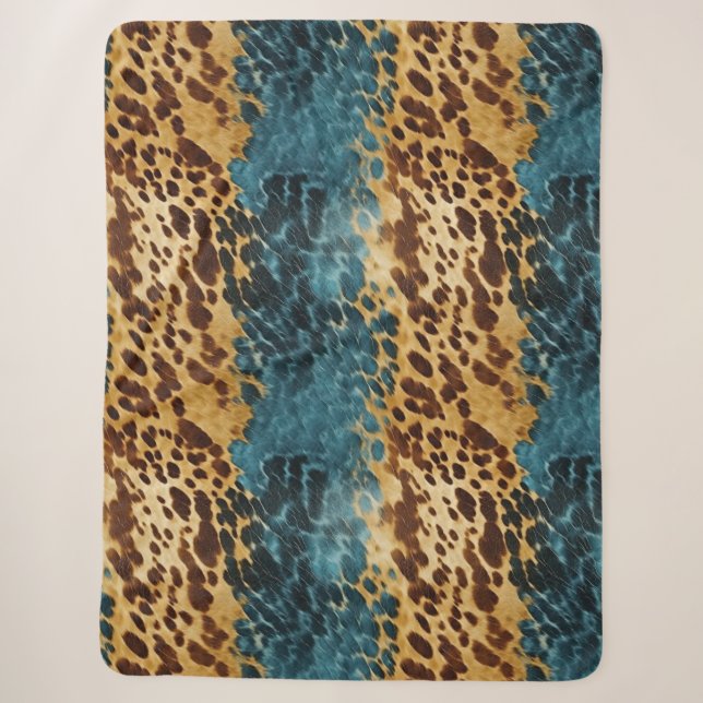 Brown Blue Cowhide Sherpa Blanket (Front)