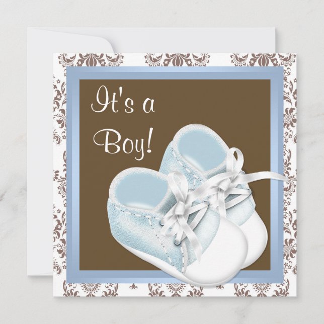 Brown Blue Damask Shoes Baby Boy Shower Invitation (Front)