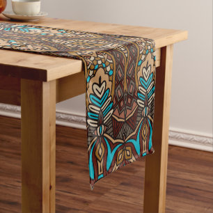Brown blue ethnic pattern short table runner