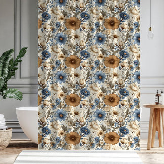 Brown Blue Floral Bohemian Powder Blue Curtain