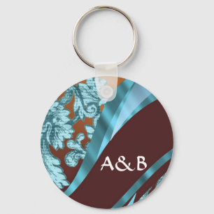 Brown & blue floral damask pattern keychain