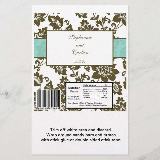 Brown/Blue Floral Damask Wedding Candy Wrapper (Front)