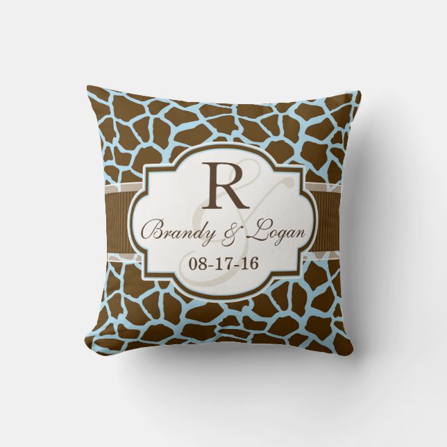 Brown, Blue Giraffe Animal Print Wedding Throw Pillow (Front)